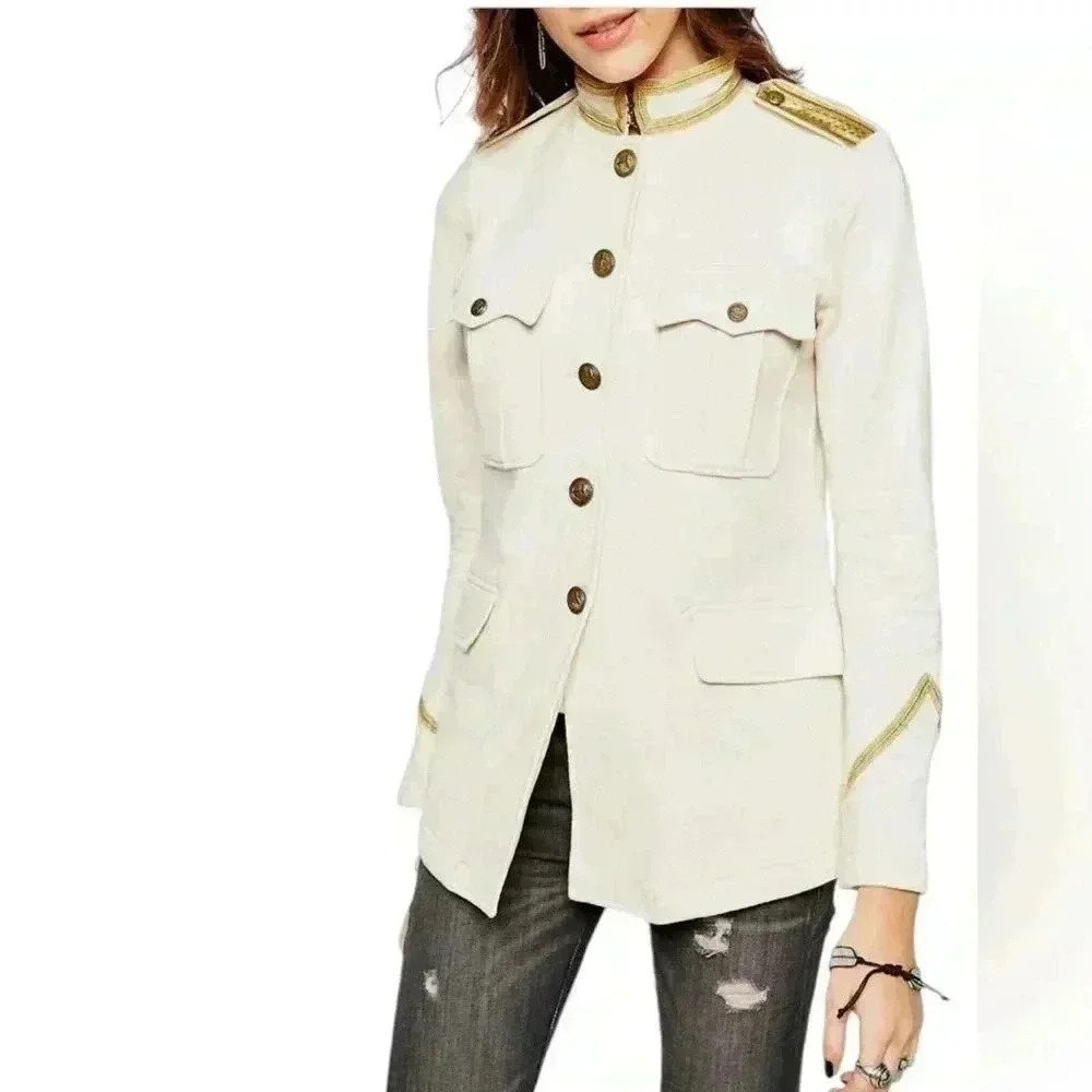 Denim & Supply Ralph Lauren Military Style Jacket cream With Gold Trim Pockets.